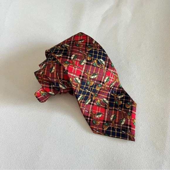 Vintage Huntington Red Navy Tie Tartan/Golf 100% Pure Silk - Picture 1 of 6